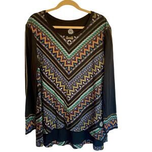 Double D Ranch Knit Top Size LARGE Beaded Aztec Design Western Knit Long Sleeves